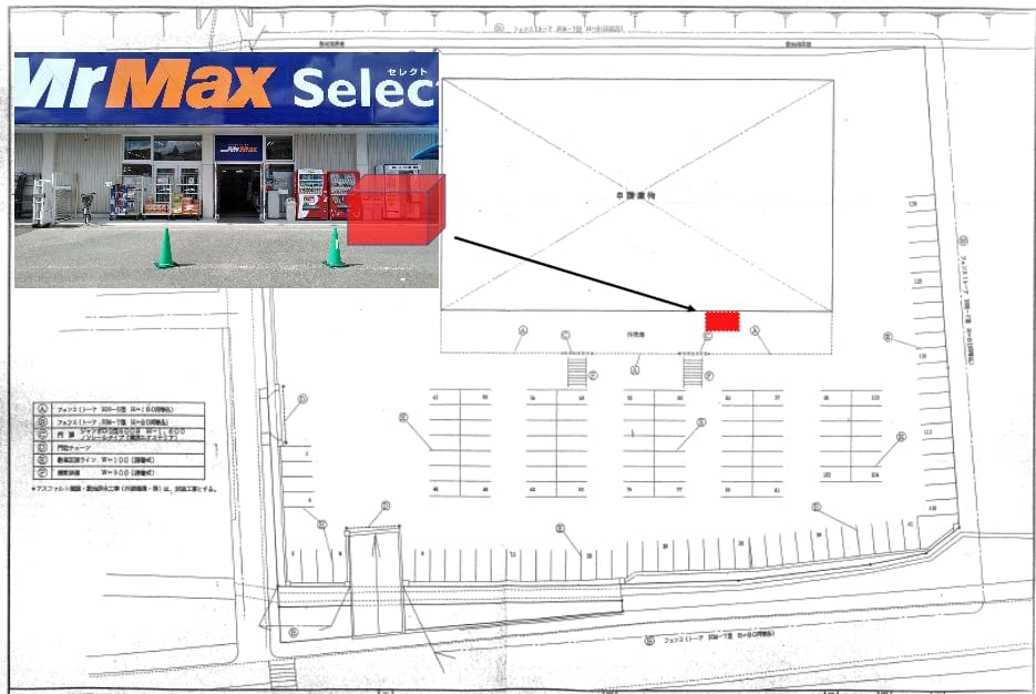 入口付近軒下 キッチンカーや物販用途に最適な総合ディスカウントストアの催事イベントスペースの図面・フロアマップ