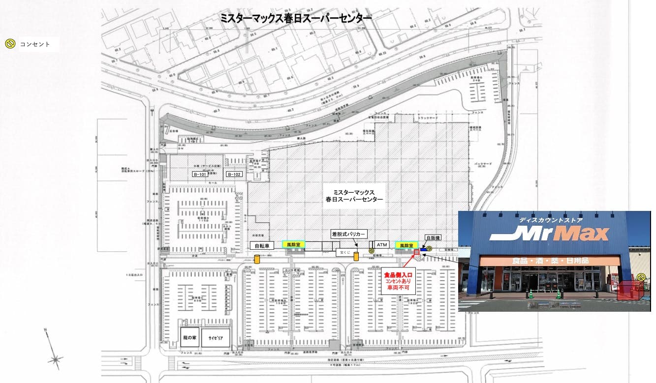 食品側入口 キッチンカーや物販用途に最適な総合ディスカウントストアの催事イベントスペースの図面・フロアマップ